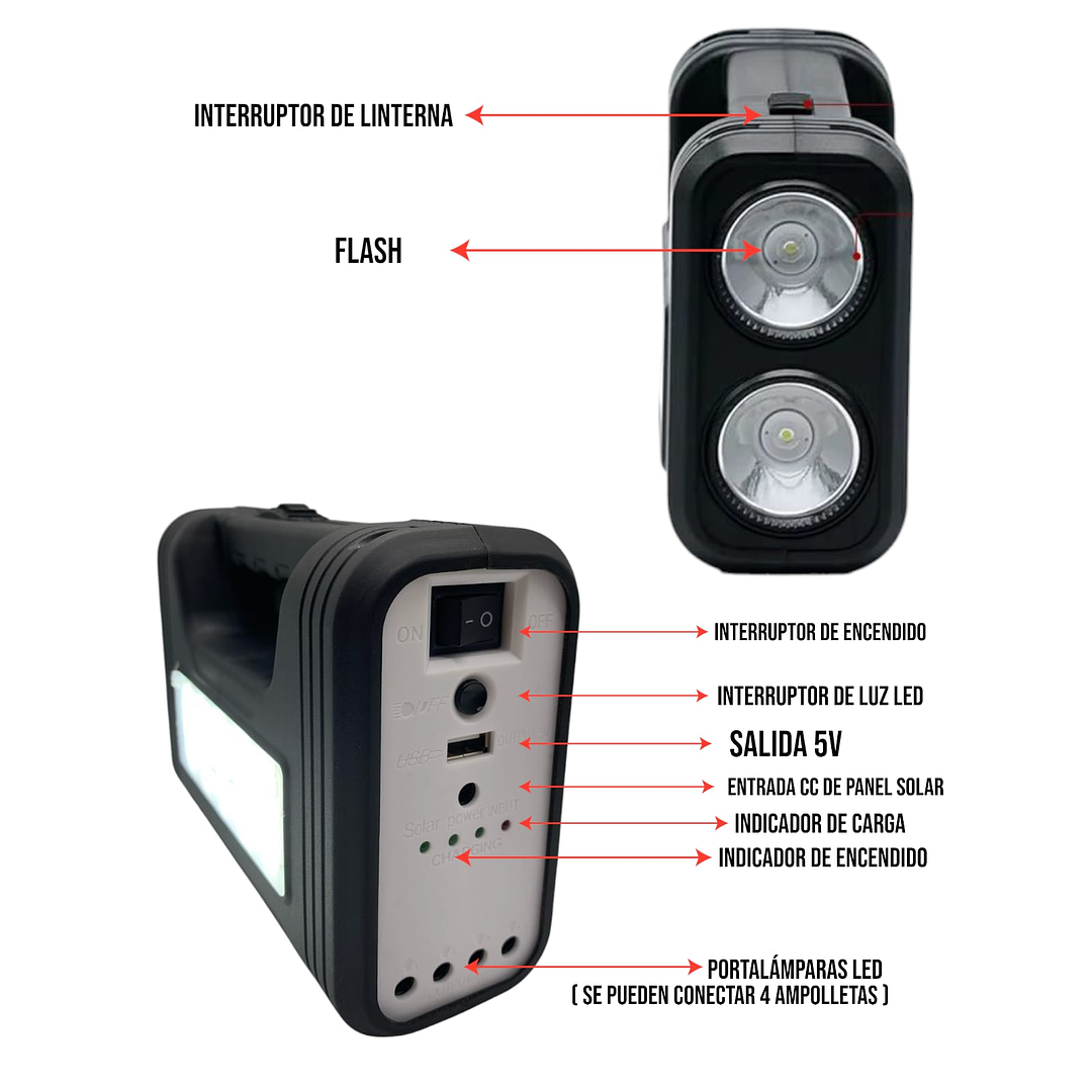 Estación Solar 5V con Linterna y 3 Bombillas LED | Kit de Emergencia y Camping en Chile