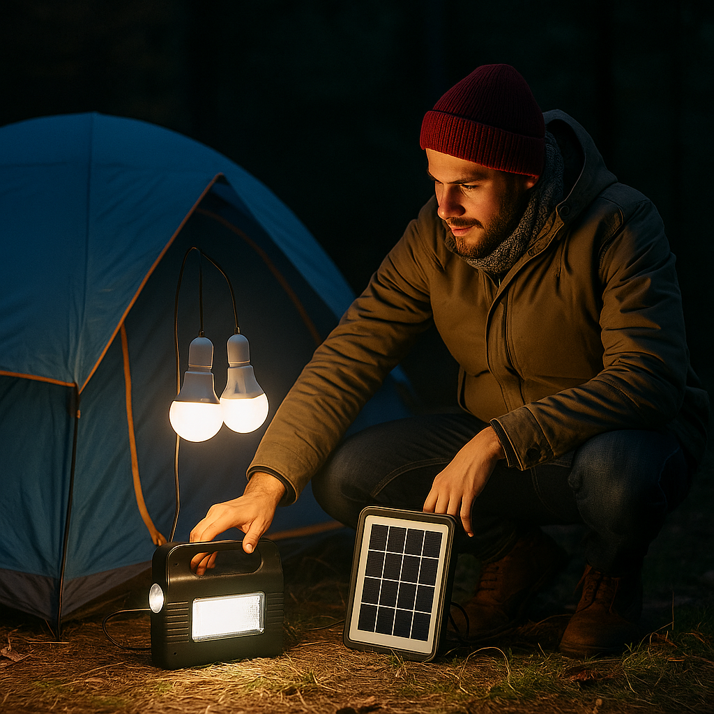 Estación Solar 5V con Linterna y 3 Bombillas LED | Kit de Emergencia y Camping en Chile