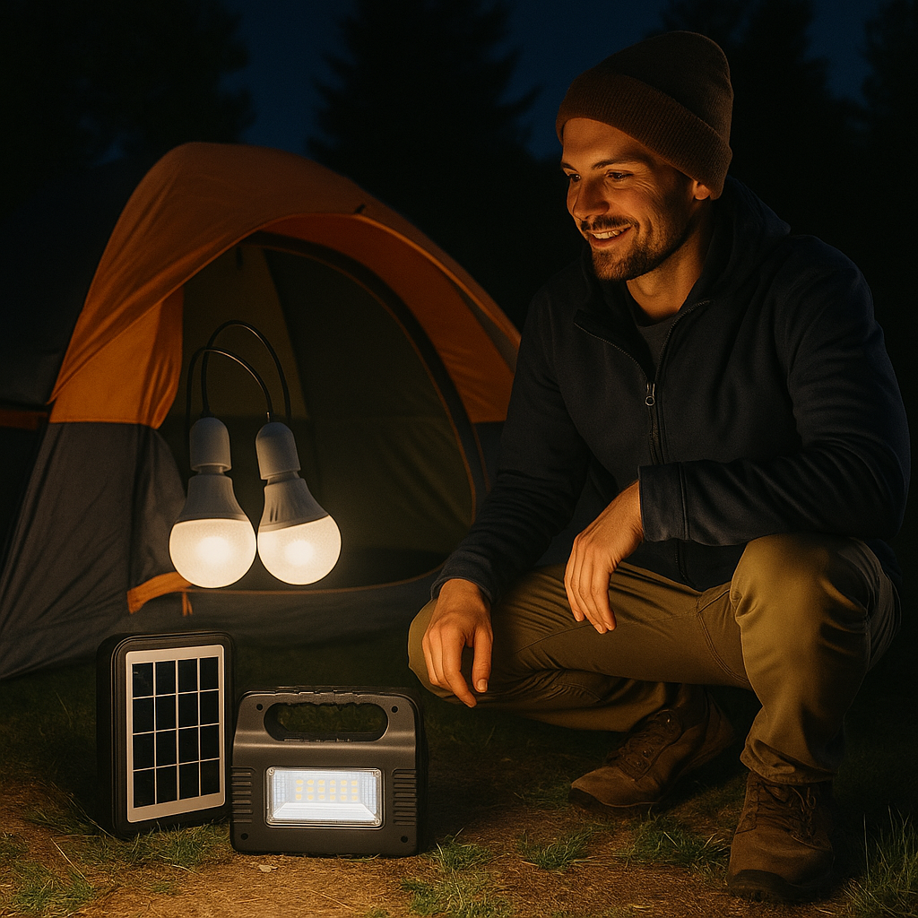 Estación Solar 5V con Linterna y 3 Bombillas LED | Kit de Emergencia y Camping en Chile