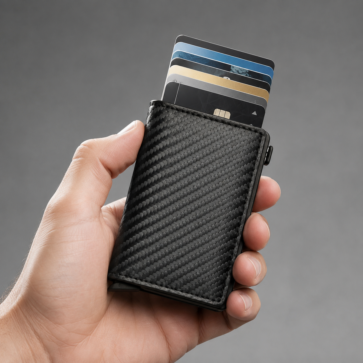 Billetera RFID negra estilo fibra de carbono en la mano