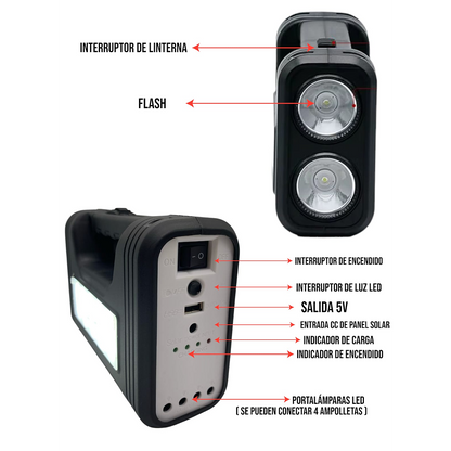 Estación Solar 5V con Linterna y 3 Bombillas LED | Kit de Emergencia y Camping en Chile