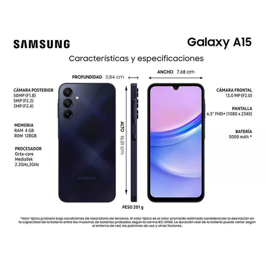 Samsung Galaxy A15 128 GB Liberado – Gran Pantalla AMOLED, Batería de 2 Días y Android 14