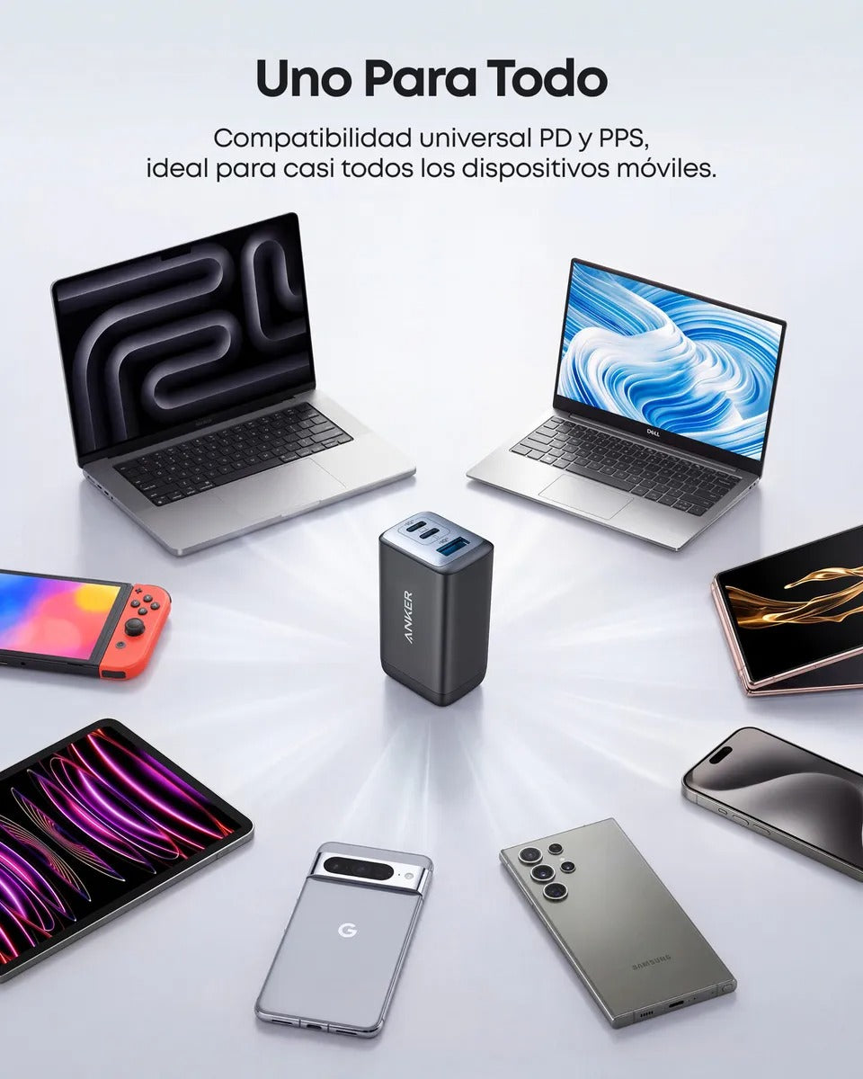 Cargador Anker GaN 65W 3 Puertos USB-C | Carga Rápida