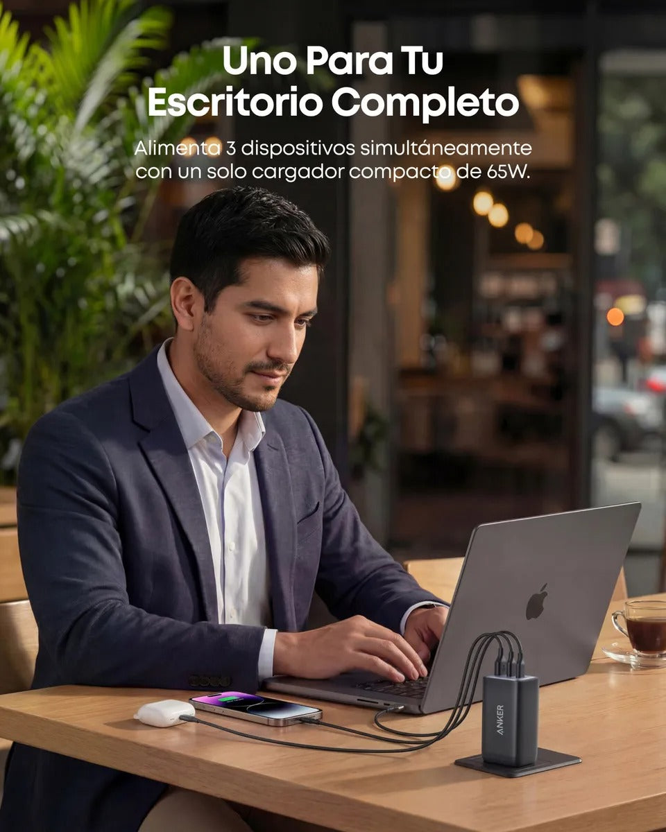 Cargador Anker GaN 65W 3 Puertos USB-C | Carga Rápida