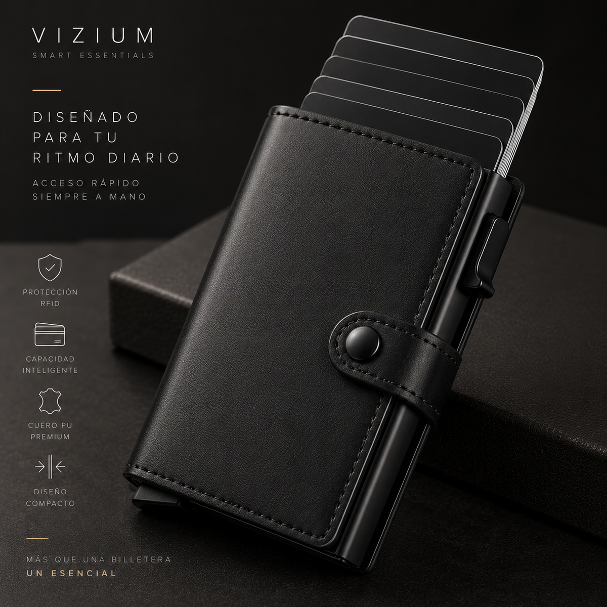 Billetera tarjetero negra VIZIUM en vista angular