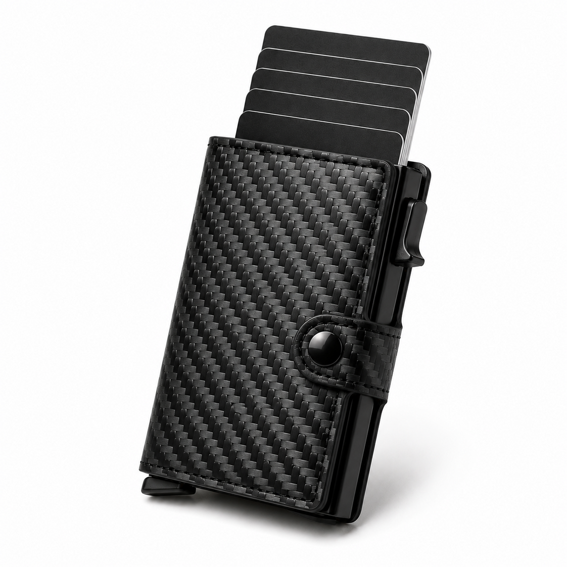 Billetera RFID negra estilo fibra de carbono con tarjetas desplegadas