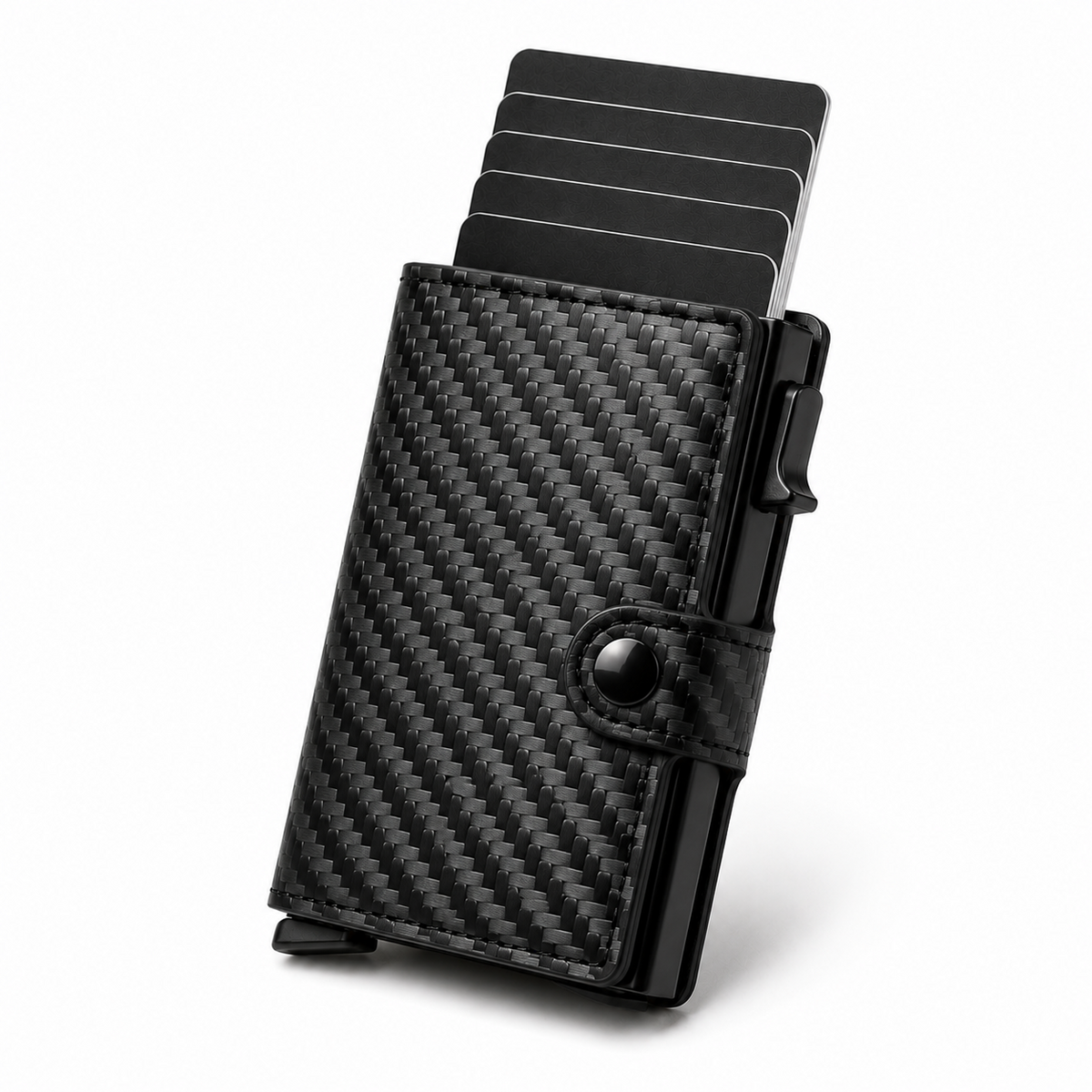Billetera RFID negra estilo fibra de carbono con tarjetas desplegadas