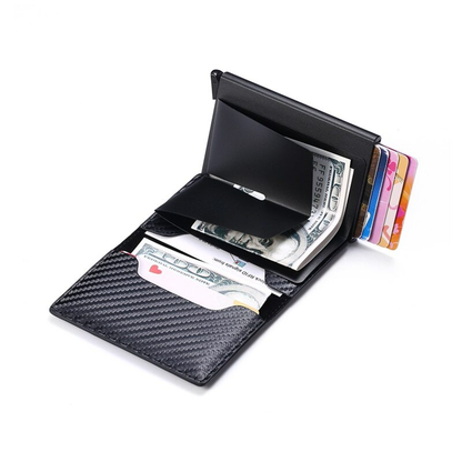 Billetera RFID compacta abierta con tarjetas y efectivo — VIZIUM