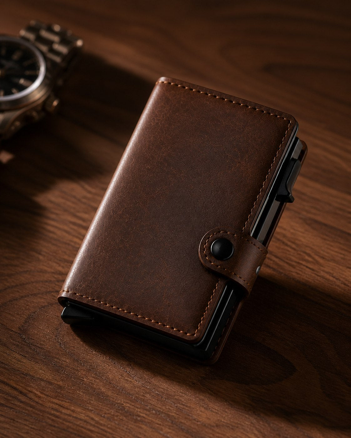 VIZIUM Smart Wallet Café Oscuro en uso