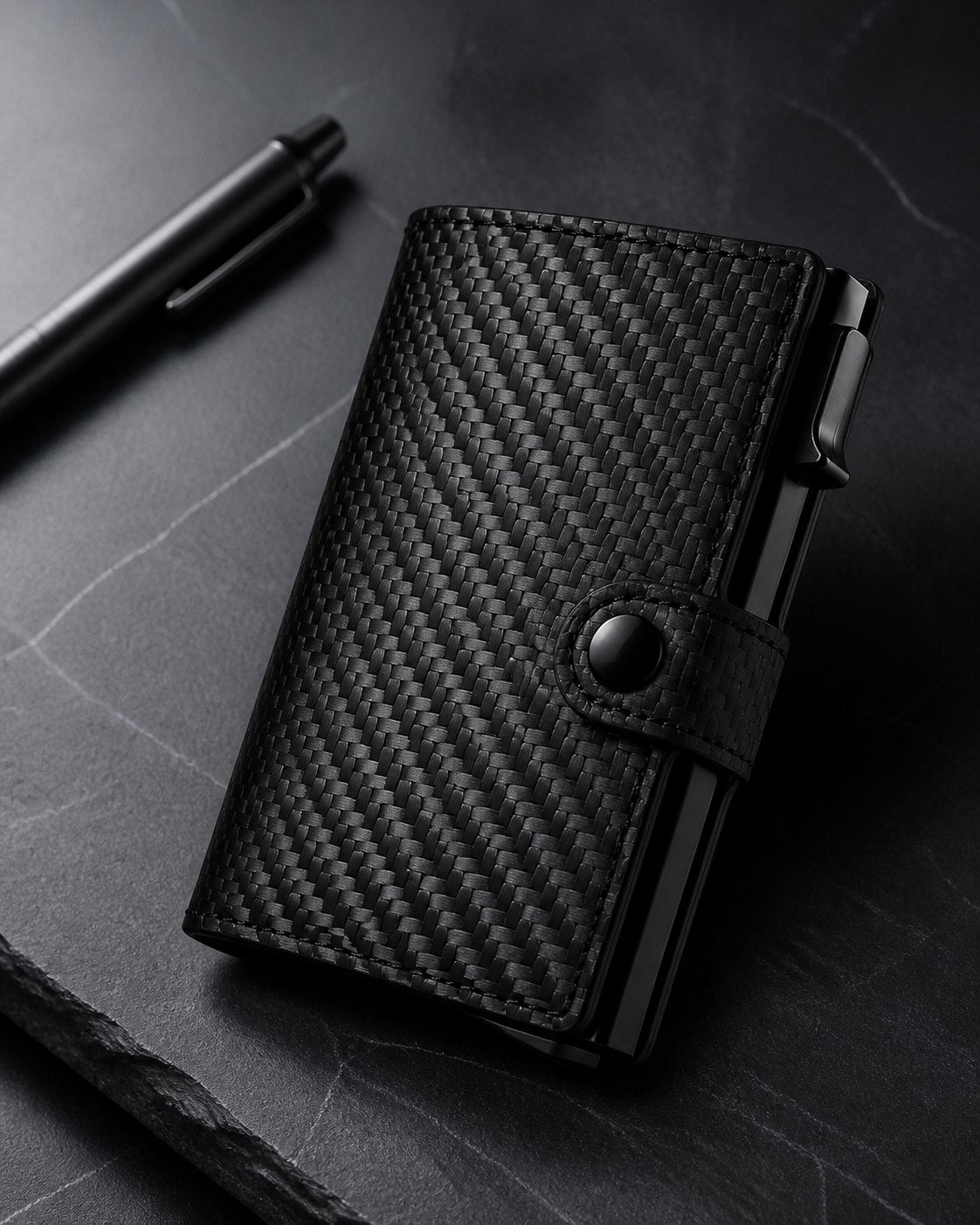 Smart Wallet Negro Fibra de Carbono en uso
