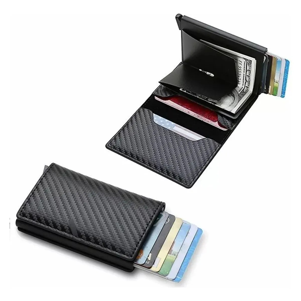 VIZIUM Smart Wallet abierta con tarjetas y efectivo